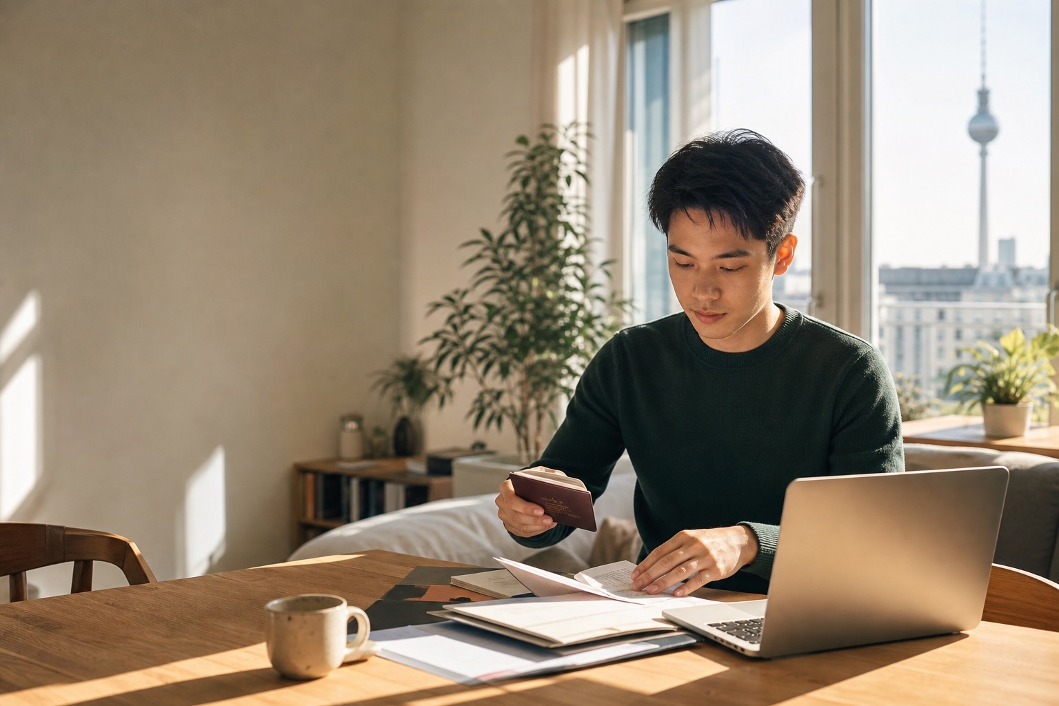 学生在德国公寓内整理找房文件